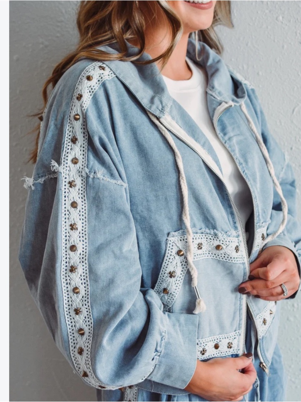 POL womans Light Blue Embellished Hooded Denim Jacket size L
